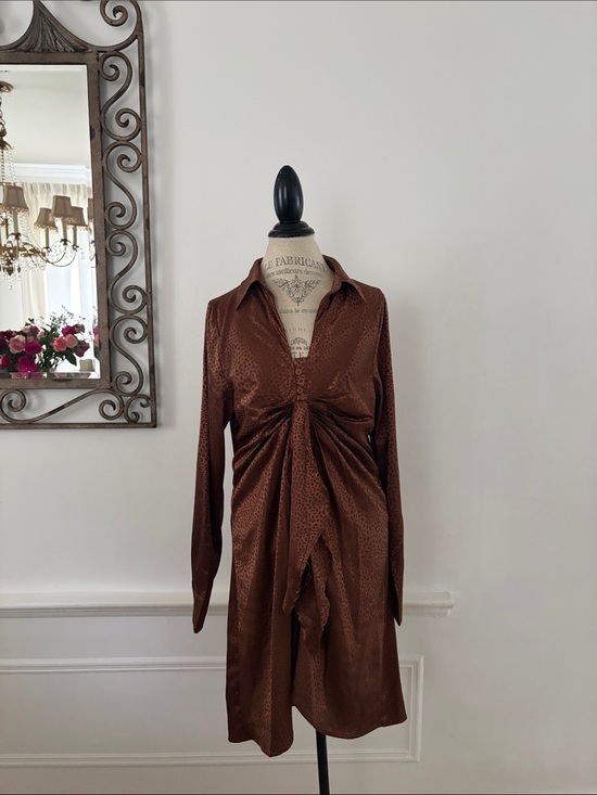 Peach Love California Dresses & Skirts - Peach Love California Brown Satin Twist-Front Long Sleeve Dress